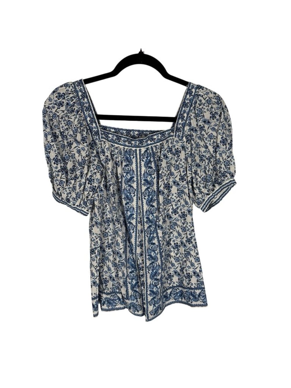 Max Studio Wmn XS White Blue Floral Boho Peasant Square Neck Puff Sleeve Top NWT